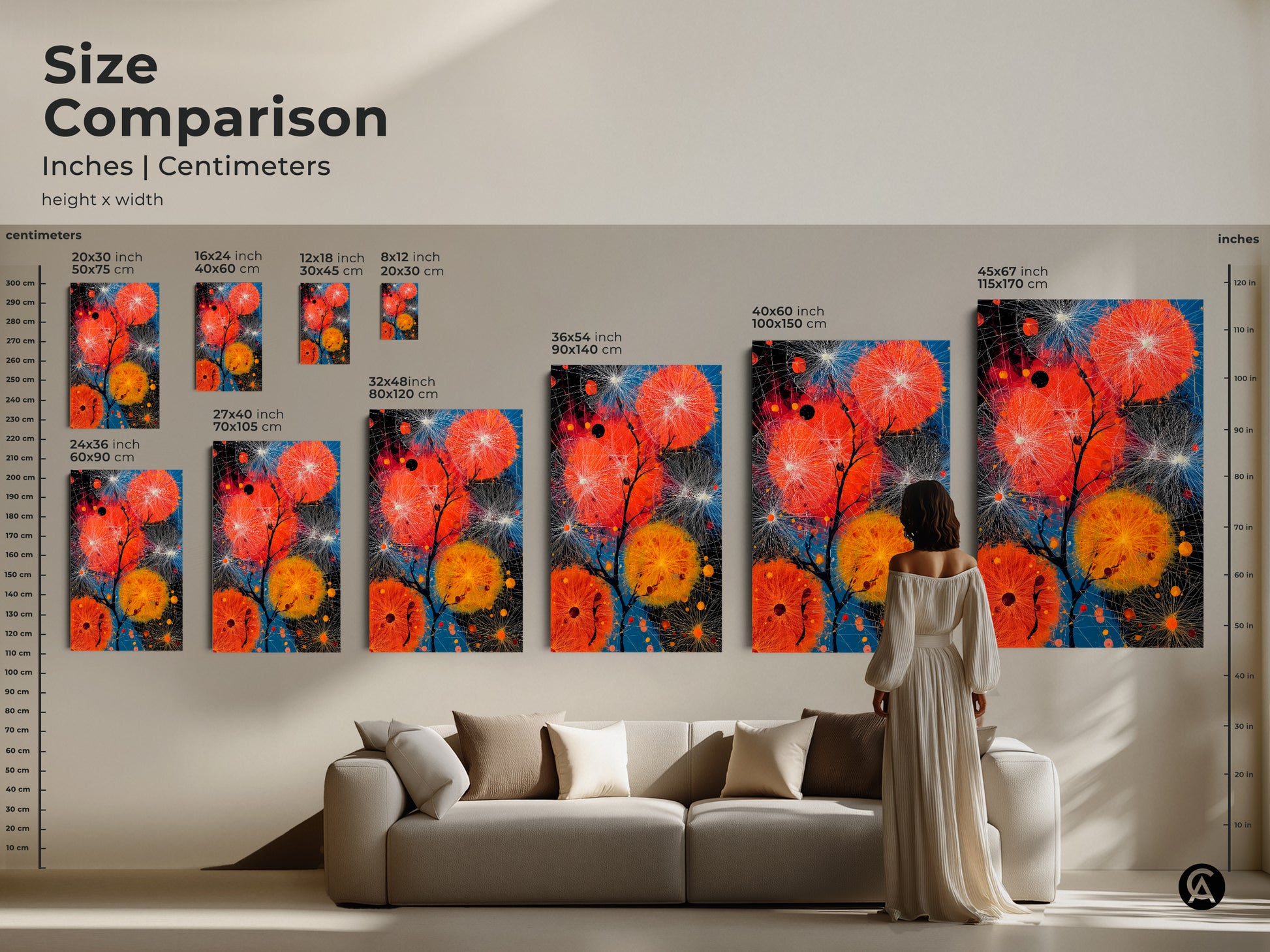 Size comparison of abstract dandelion art prints in inches and centimeters. See how different sizes fit above a sofa in a living room. Choose the ideal scale for your contemporary orange and blue nature inspired canvas or poster art.