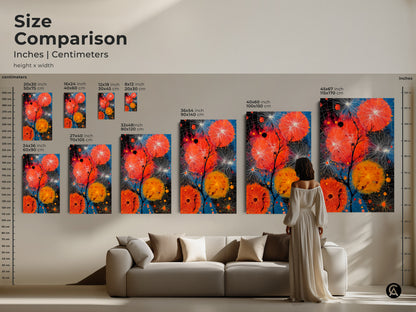 Size comparison of abstract dandelion art prints in inches and centimeters. See how different sizes fit above a sofa in a living room. Choose the ideal scale for your contemporary orange and blue nature inspired canvas or poster art.
