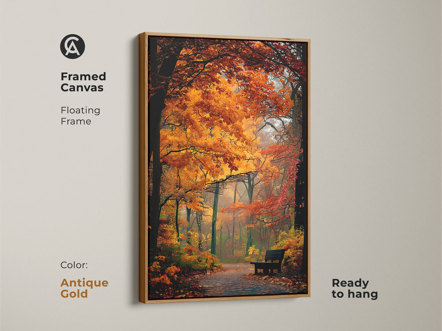 Framed autumn forest artwork with a floating frame in antique gold. The vibrant fall colors create a cozy atmosphere. Ready to hang this framed canvas adds a touch of class.