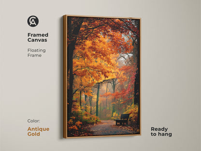 Framed autumn forest artwork with a floating frame in antique gold. The vibrant fall colors create a cozy atmosphere. Ready to hang this framed canvas adds a touch of class.