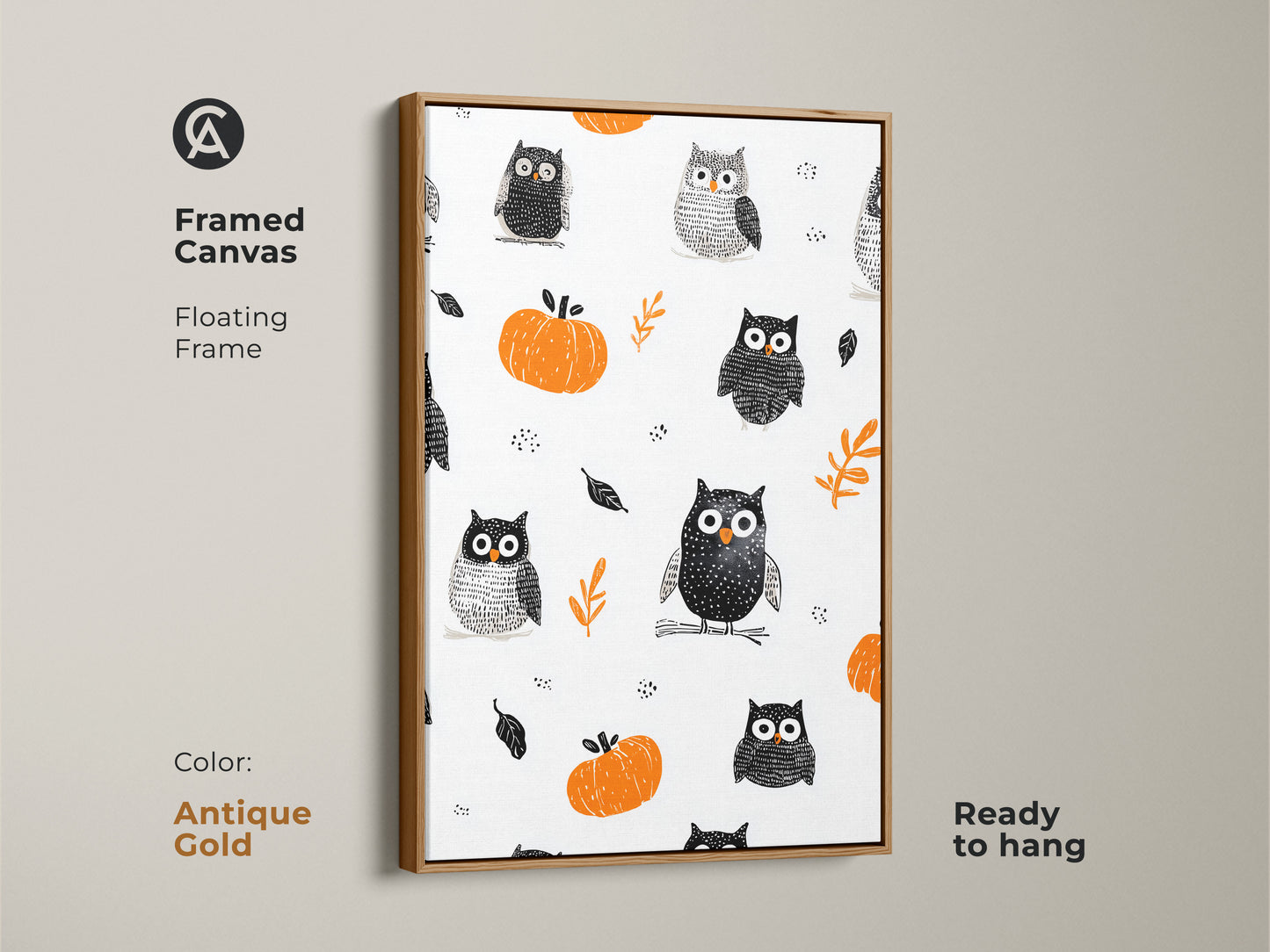 Framed Canvas in a floating frame displaying Halloween owls and pumpkins art. The antique gold frame accentuates the whimsical nursery art. Featuring cute animals this seasonal kids decor adds folk art to a room. Ready to hang providing a warm touch to a baby room.
