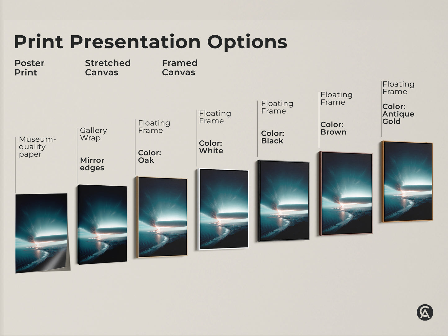 Explore print presentation options for deep blue coastal cityscape artwork. Choose from poster stretched or framed canvas. Select a floating frame in black brown oak white or antique gold. Perfect contemporary art for a housewarming gift.