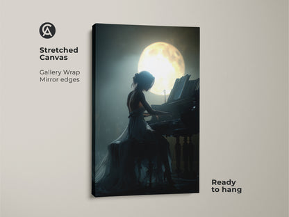 Stretched canvas of a woman playing piano under moonlight. Gallery wrapped with mirror edges this moonlight piano canvas print is ready to hang. The romantic music artwork uses deep blue teal colors. It's a great gift for music lovers or anniversary gift wall art.