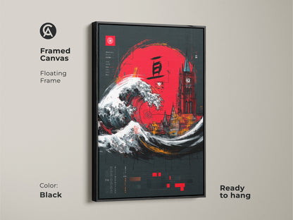 Framed canvas of a Crimson Red Ukiyo-e Wave art & Gothic Tower artwork. It has a floating black frame and is ready to hang. A Japanese cityscape wall art piece featuring a vibrant red sun. This eclectic artwork adds drama to any space. Ideal as a travel-themed gift.