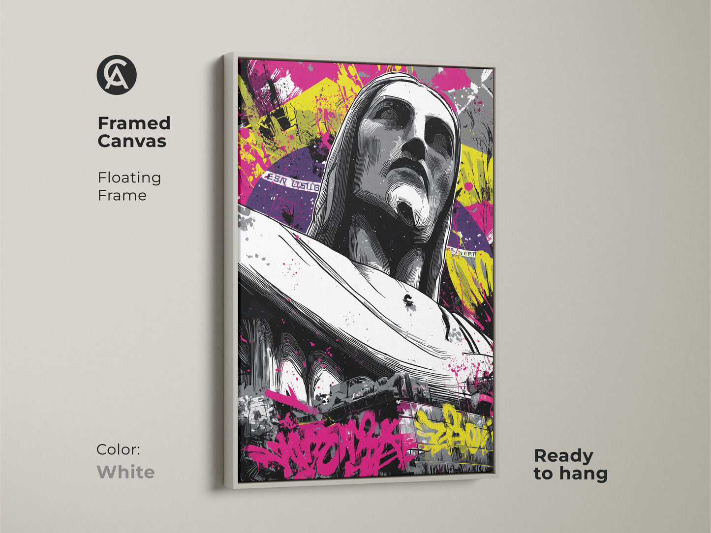 Framed canvas featuring Christ the Redeemer. The floating frame is white. The art includes urban graffiti and abstract elements. This religious artwork is ready to hang. Perfect for modern spaces