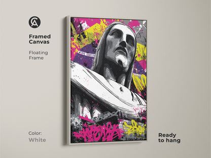 Framed canvas featuring Christ the Redeemer. The floating frame is white. The art includes urban graffiti and abstract elements. This religious artwork is ready to hang. Perfect for modern spaces