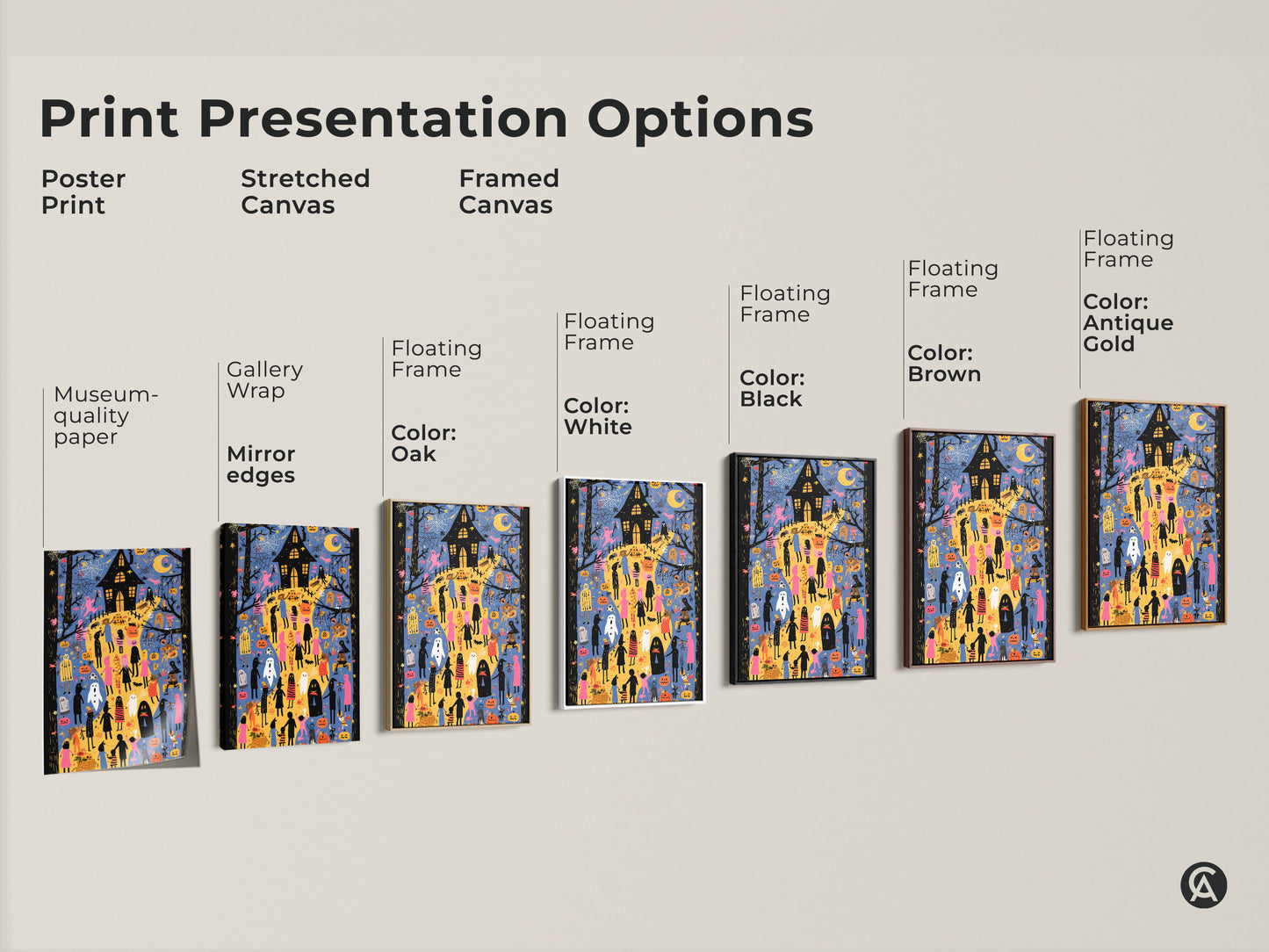 Explore Halloween Wall Art Print Presentation Options. Choose from poster prints stretched canvas and framed canvas in various styles. See options like museum quality paper gallery wrap and floating frames. Each art print option features a haunted house ghosts and pumpkins in vibrant colors. Its ideal for kids rooms.
