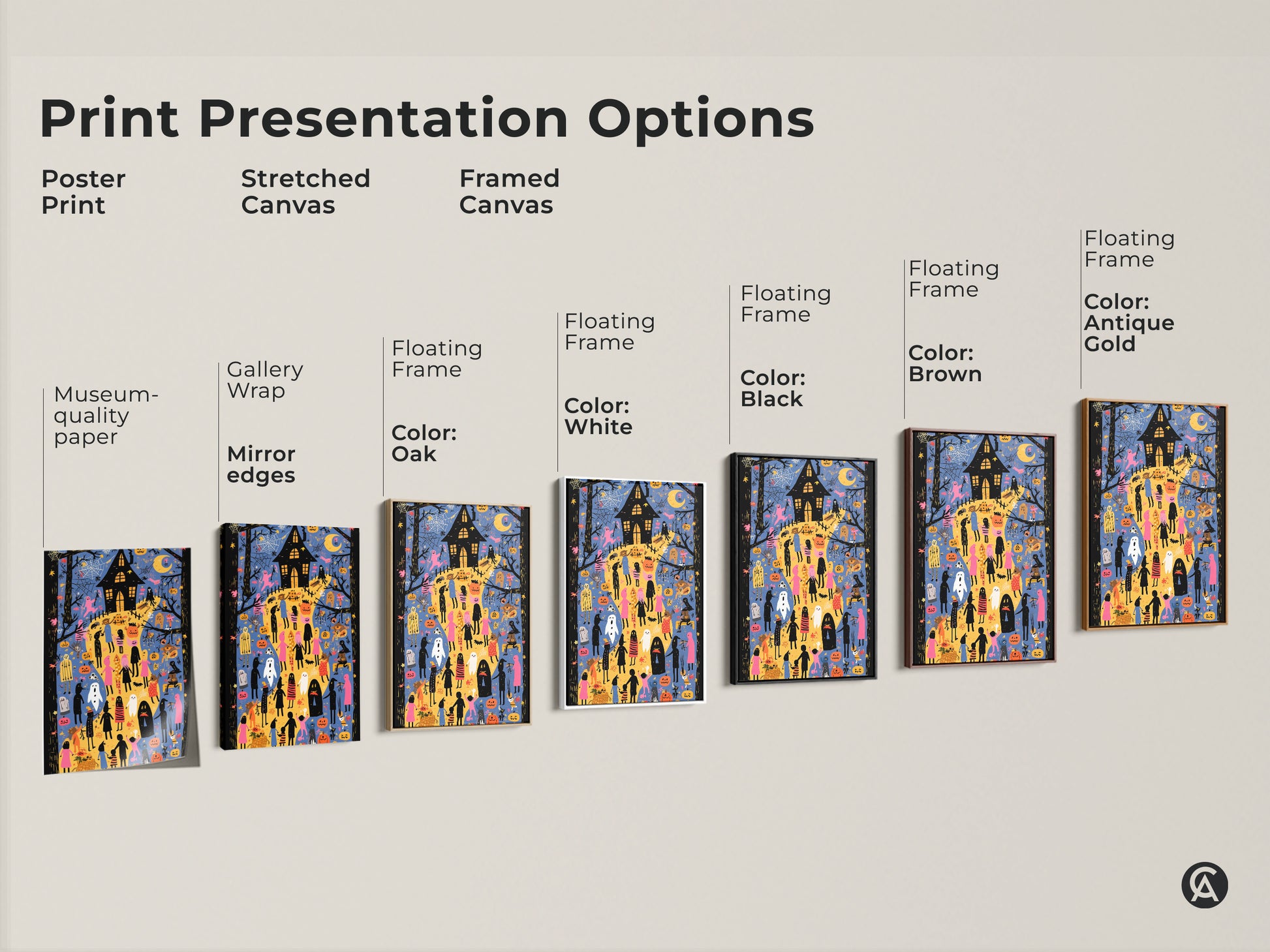 Explore Halloween Wall Art Print Presentation Options. Choose from poster prints stretched canvas and framed canvas in various styles. See options like museum quality paper gallery wrap and floating frames. Each art print option features a haunted house ghosts and pumpkins in vibrant colors. Its ideal for kids rooms.