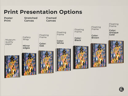 Explore Halloween Wall Art Print Presentation Options. Choose from poster prints stretched canvas and framed canvas in various styles. See options like museum quality paper gallery wrap and floating frames. Each art print option features a haunted house ghosts and pumpkins in vibrant colors. Its ideal for kids rooms.