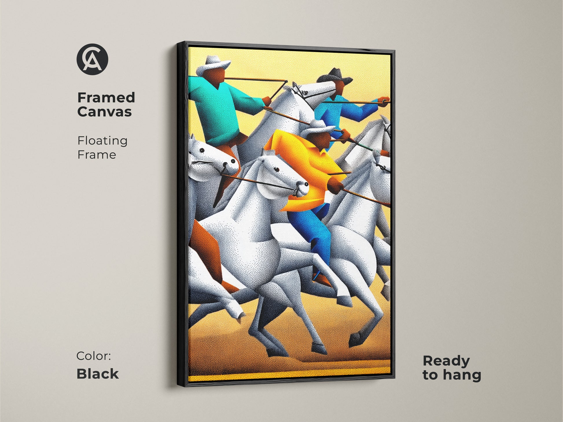A framed canvas of stippled figurative western horse rider art. The floating frame is black and ready to hang. This animal action artwork features horses and riders. It is a unique housewarming gift for any equestrian. Perfect modern western wall decor.