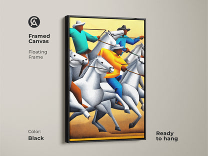 A framed canvas of stippled figurative western horse rider art. The floating frame is black and ready to hang. This animal action artwork features horses and riders. It is a unique housewarming gift for any equestrian. Perfect modern western wall decor.