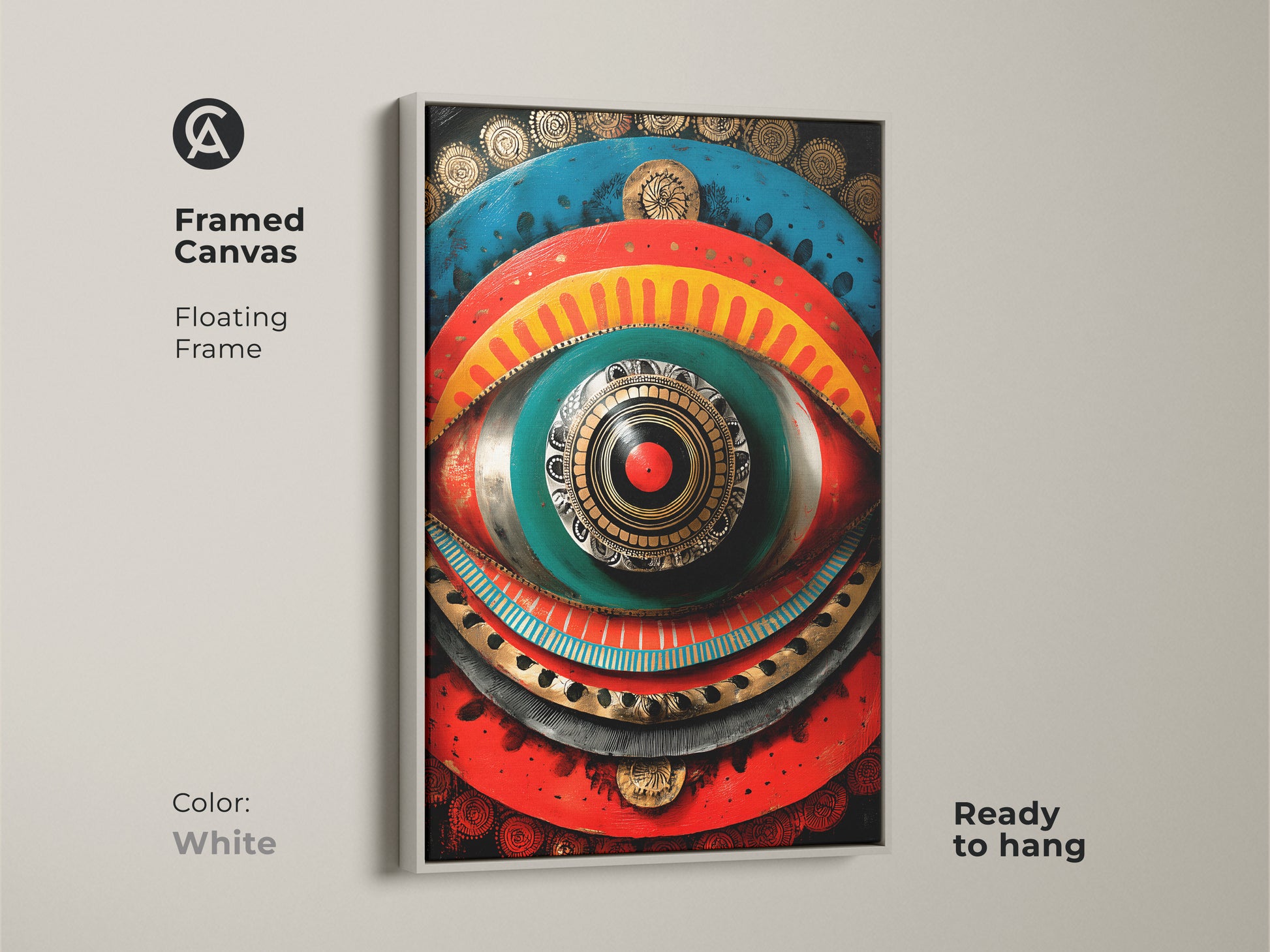 White framed canvas featuring eye of providence wall art. The floating frame highlights the colorful tribal wall decor. Transform your living space with this spiritual mandala art.
