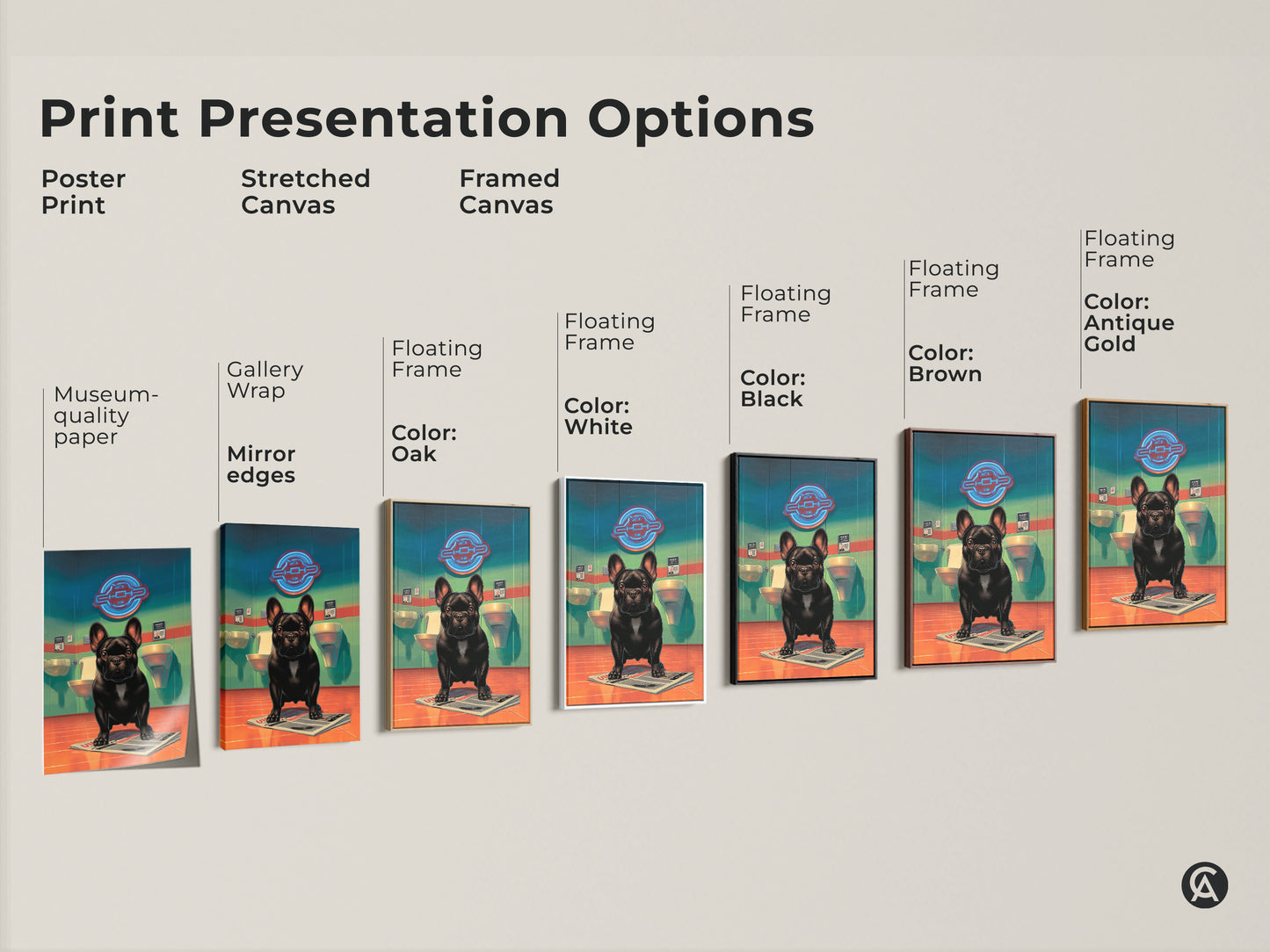 Explore print presentation options for this museum-quality paper poster. The stretched and framed canvas versions feature a black French Bulldog in a bathroom art. The art is gallery-wrapped with floating frames in oak white black brown and antique gold colors.