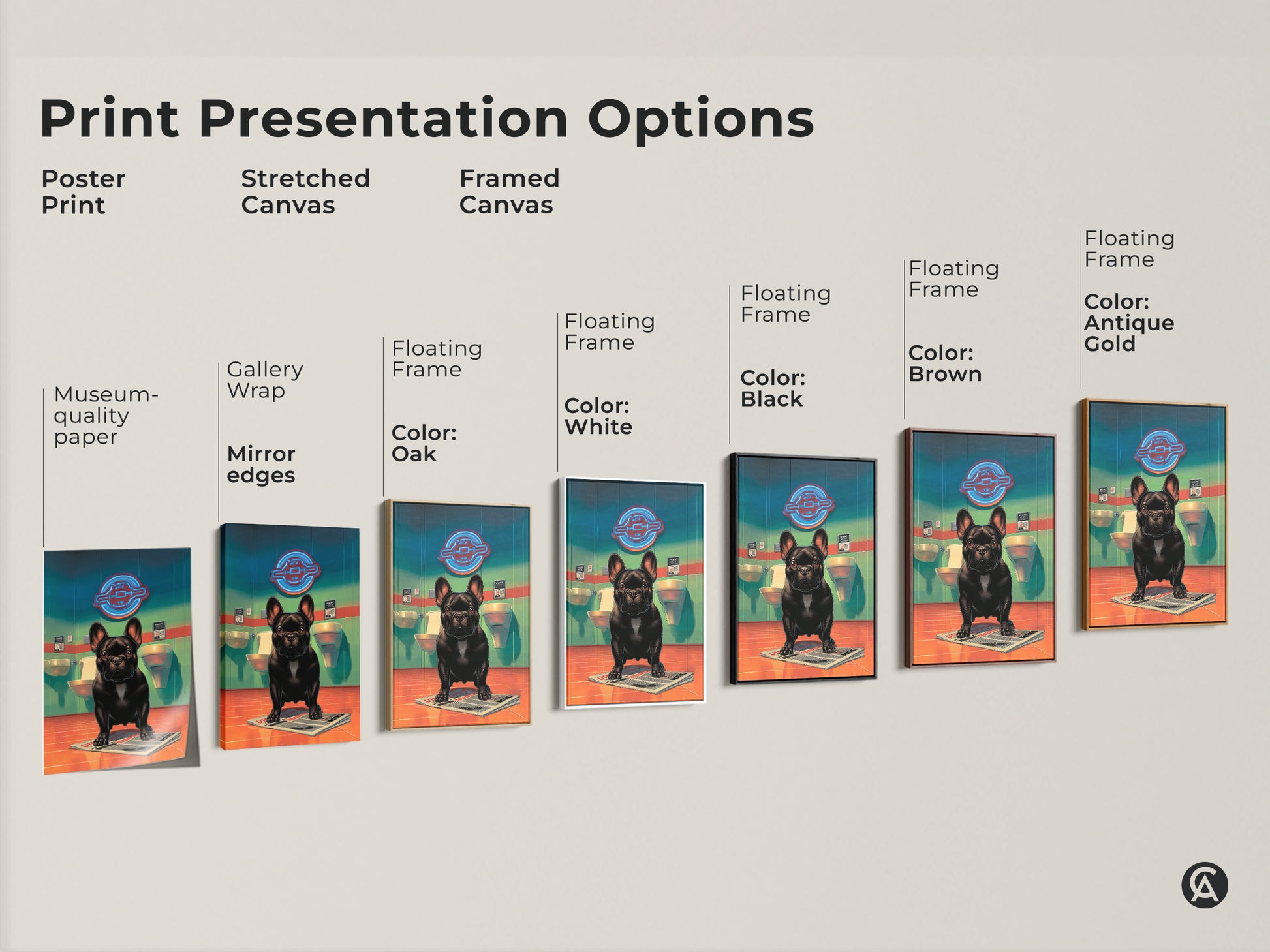 Explore print presentation options for this museum-quality paper poster. The stretched and framed canvas versions feature a black French Bulldog in a bathroom art. The art is gallery-wrapped with floating frames in oak white black brown and antique gold colors.
