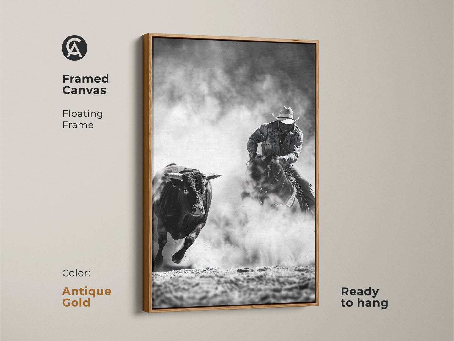 Framed canvas art shows a cowboy riding a bull. The Western action scene print is monochrome cowboy decor. This grayscale bull art is perfect for a man cave. Ready to hang with a floating frame in antique gold.