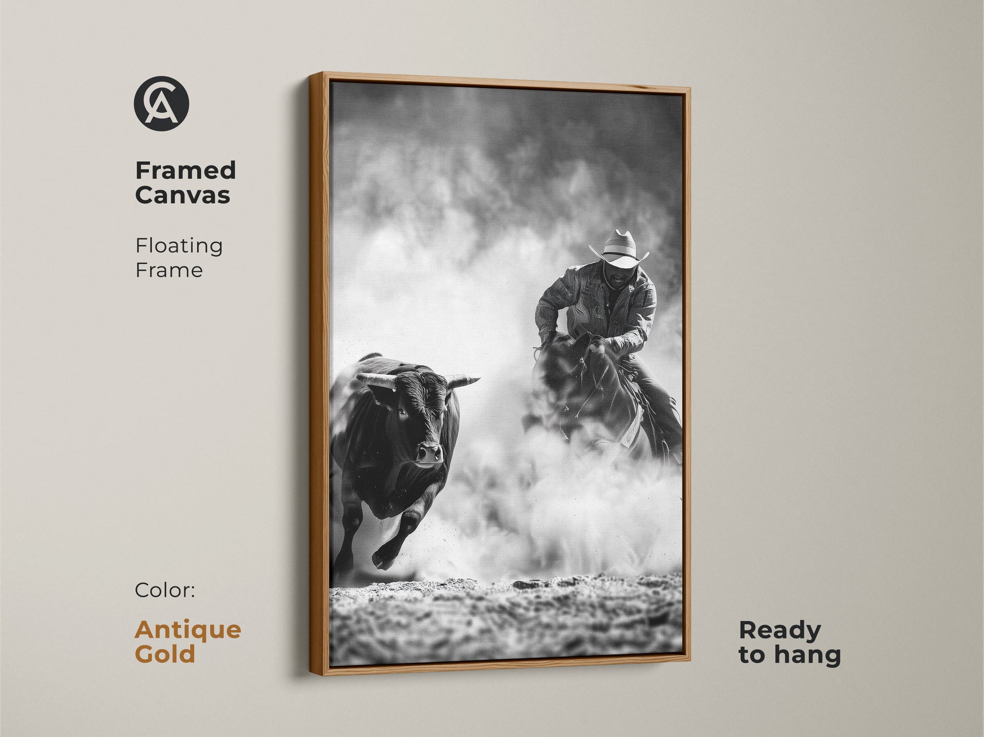 Framed canvas art shows a cowboy riding a bull. The Western action scene print is monochrome cowboy decor. This grayscale bull art is perfect for a man cave. Ready to hang with a floating frame in antique gold.