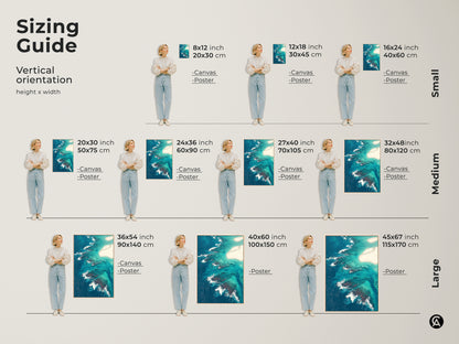 Sizing guide for abstract aerial ocean art. Available as canvas and poster prints in various sizes. Vertical orientation options for coastal turquoise beach artwork. Find the perfect size for your space.