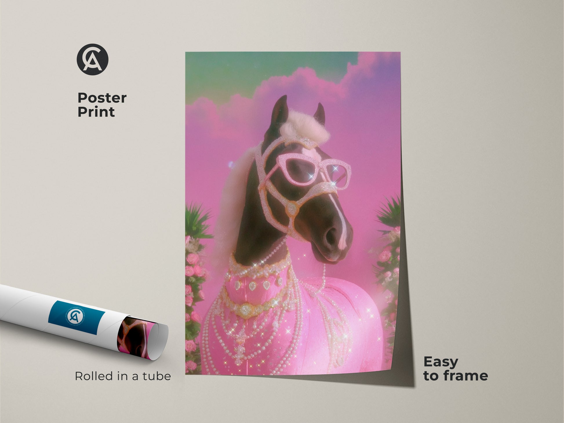 Poster Print of a Glam Horse. The pink and teal horse canvas is rolled in a tube and easy to frame. This is a Y2K horse canvas with pop surrealism influences. It's a unique horse gift and a statement piece of animal glamour wall art. Ideal for pastel horse art lovers.