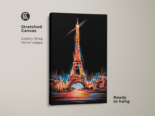 Paris night cityscape art print rolled in a tube for easy framing. A colorful expressionist artwork for contemporary French bedroom decor. It is a vibrant Paris art print and travel theme wall hanging. This poster print is a unique travel souvenir art.