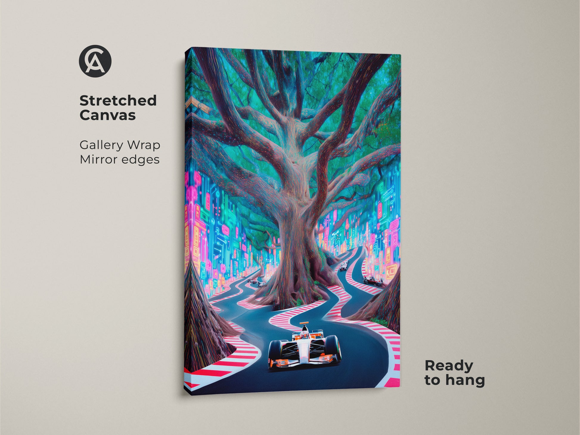 A Stretched Canvas of Cyberpunk Formula 1 art. The neon city racing canvas showcases an electric blue tree road print. This futuristic F1 wall art is a surreal nature racing decor. It’s ready to hang and features gallery wrapped mirror edges.