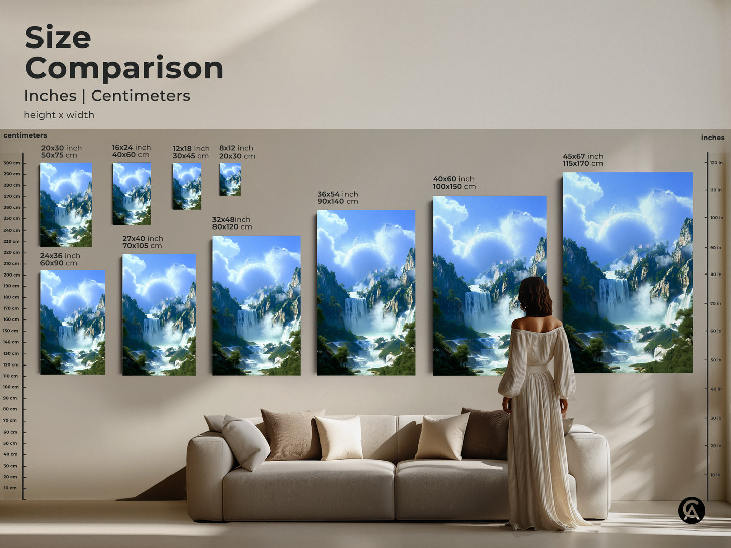 Compare sizes and visualize this digital painting landscape art print in your home. See how the blue green waterfall and mountain forest scenery complements your living space. This fantasy nature art print is perfect for eclectic home wall art.