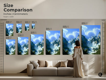 Compare sizes and visualize this digital painting landscape art print in your home. See how the blue green waterfall and mountain forest scenery complements your living space. This fantasy nature art print is perfect for eclectic home wall art.