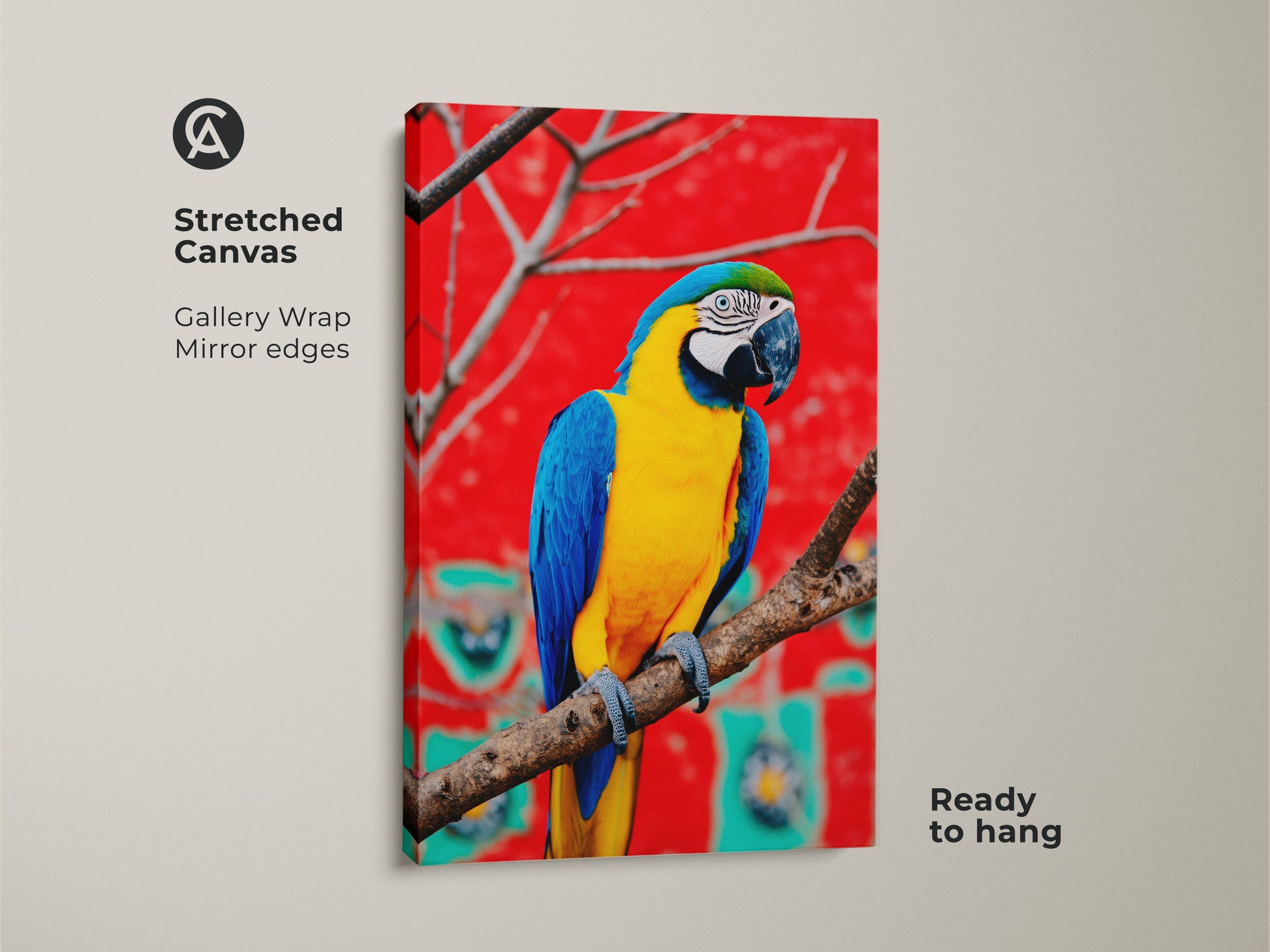 Stretched canvas print of a blue yellow macaw. The gallery wrap has mirrored edges. Ready to hang tropical bird artwork. Perfect eclectic wall art for an animal lover.