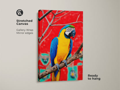 Stretched canvas print of a blue yellow macaw. The gallery wrap has mirrored edges. Ready to hang tropical bird artwork. Perfect eclectic wall art for an animal lover.