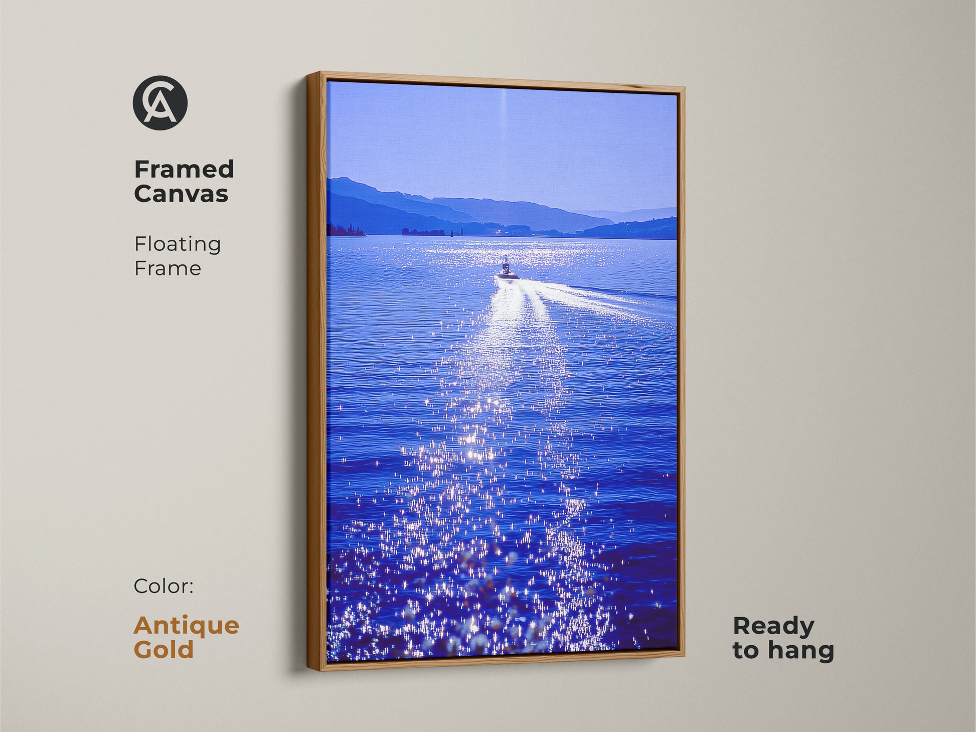 A framed canvas shows a speedboat on a blue lake with an antique gold floating frame. The sparkling sunlight adds vibrant energy. This modern artwork is perfect for a housewarming gift for travel enthusiasts.