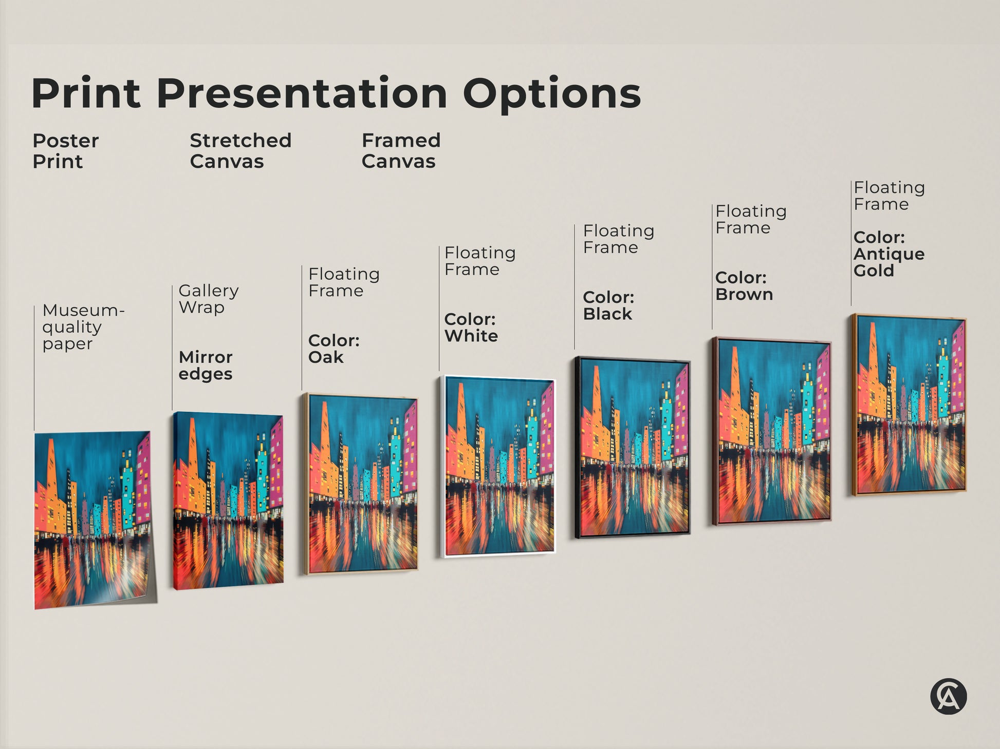 Explore print presentation options for modern abstract cityscape artwork. Choose from poster prints stretched canvas and framed canvas. Various floating frame colors are available including black brown antique gold oak and white.