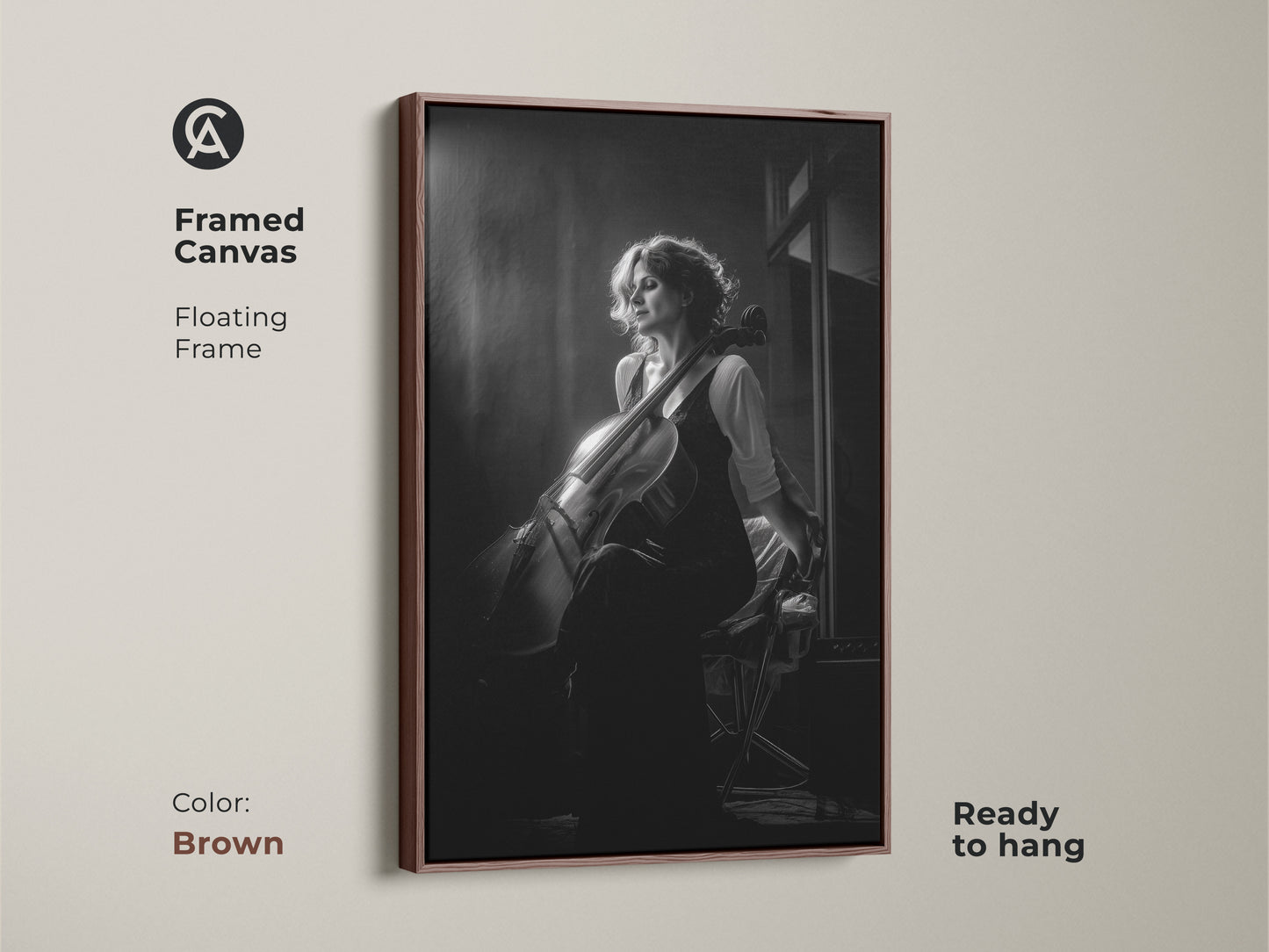 Framed canvas art print of a cellist in black and white. This musician gift idea features a floating frame in brown. Ready to hang this piece adds elegance to any room. Ideal for contemporary music room decor or home studio wall decor. A sophisticated piece for music lovers.