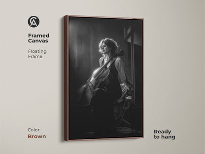 Framed canvas art print of a cellist in black and white. This musician gift idea features a floating frame in brown. Ready to hang this piece adds elegance to any room. Ideal for contemporary music room decor or home studio wall decor. A sophisticated piece for music lovers.