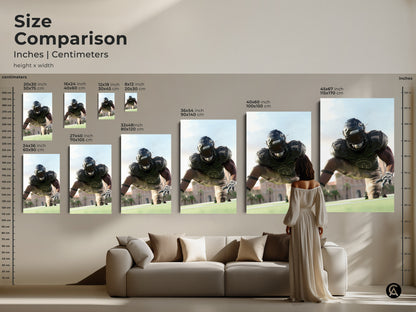 Size comparison of American Football Player artwork. See various canvas and poster sizes in inches and centimeters. This artwork adds a touch of competitive energy to any space. Perfect for a man cave office or sports-themed decor. A great gift for football lovers.