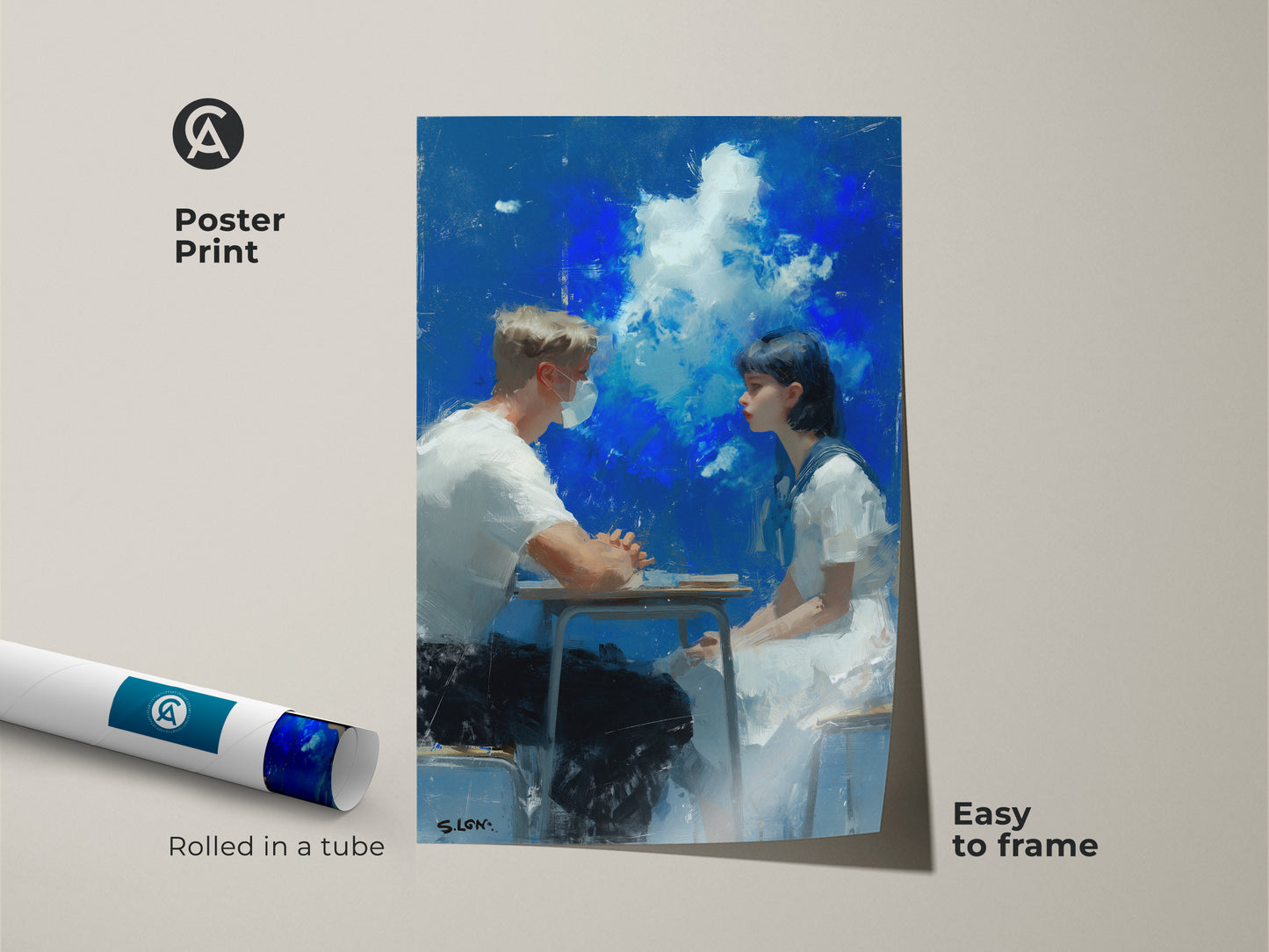Poster print of a modern oil painting. It features a young couple at a table. The artwork shows a boy and girl and a cloudy blue sky. Rolled in a tube this fine art print is easy to frame. Add this unique piece to your art collection today.