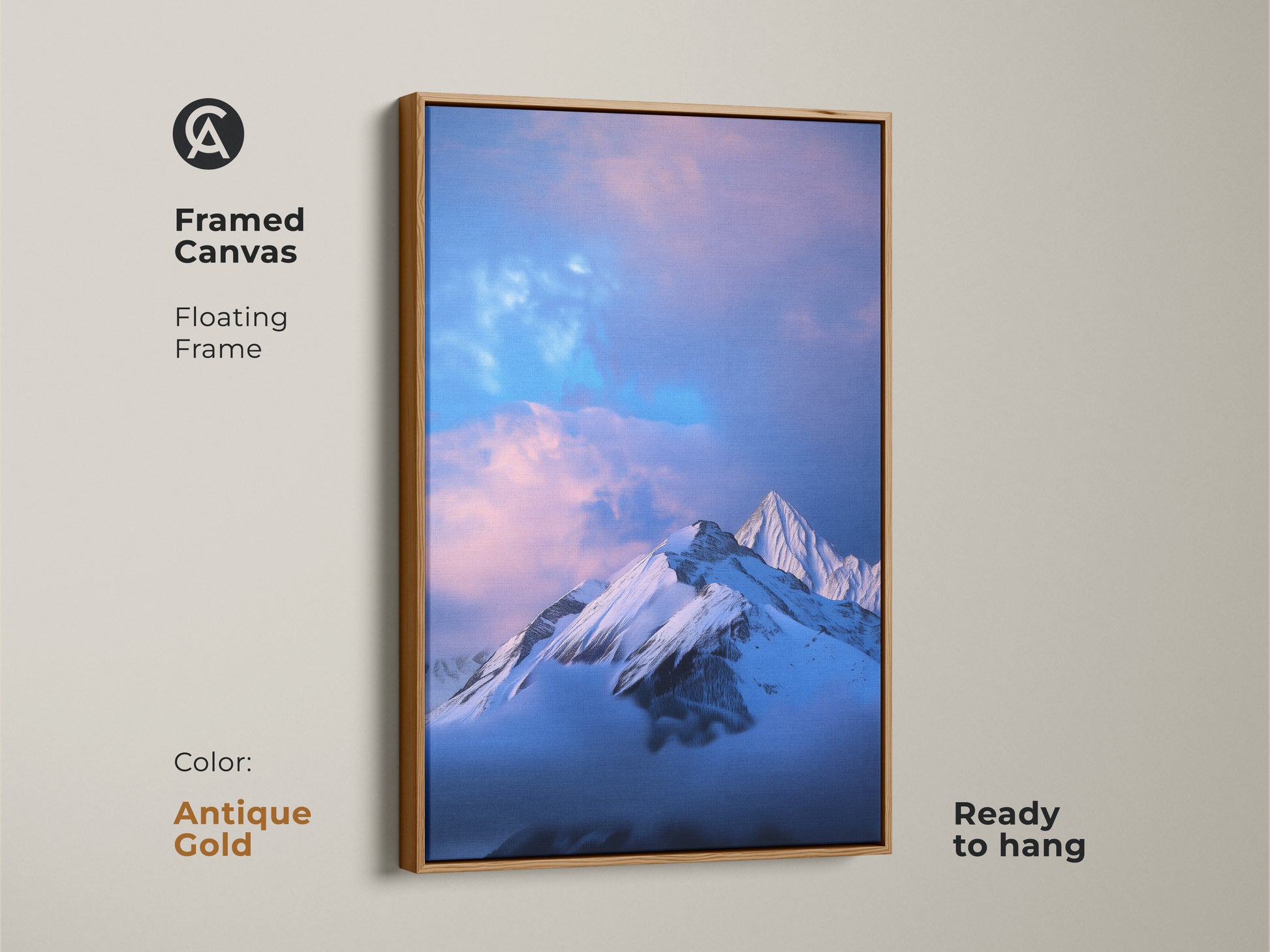 Snowy mountain canvas in an antique gold floating frame. This winter sky art print is ready to hang. The blue and white artwork brings nature indoors. A modern housewarming gift for landscape art lovers.