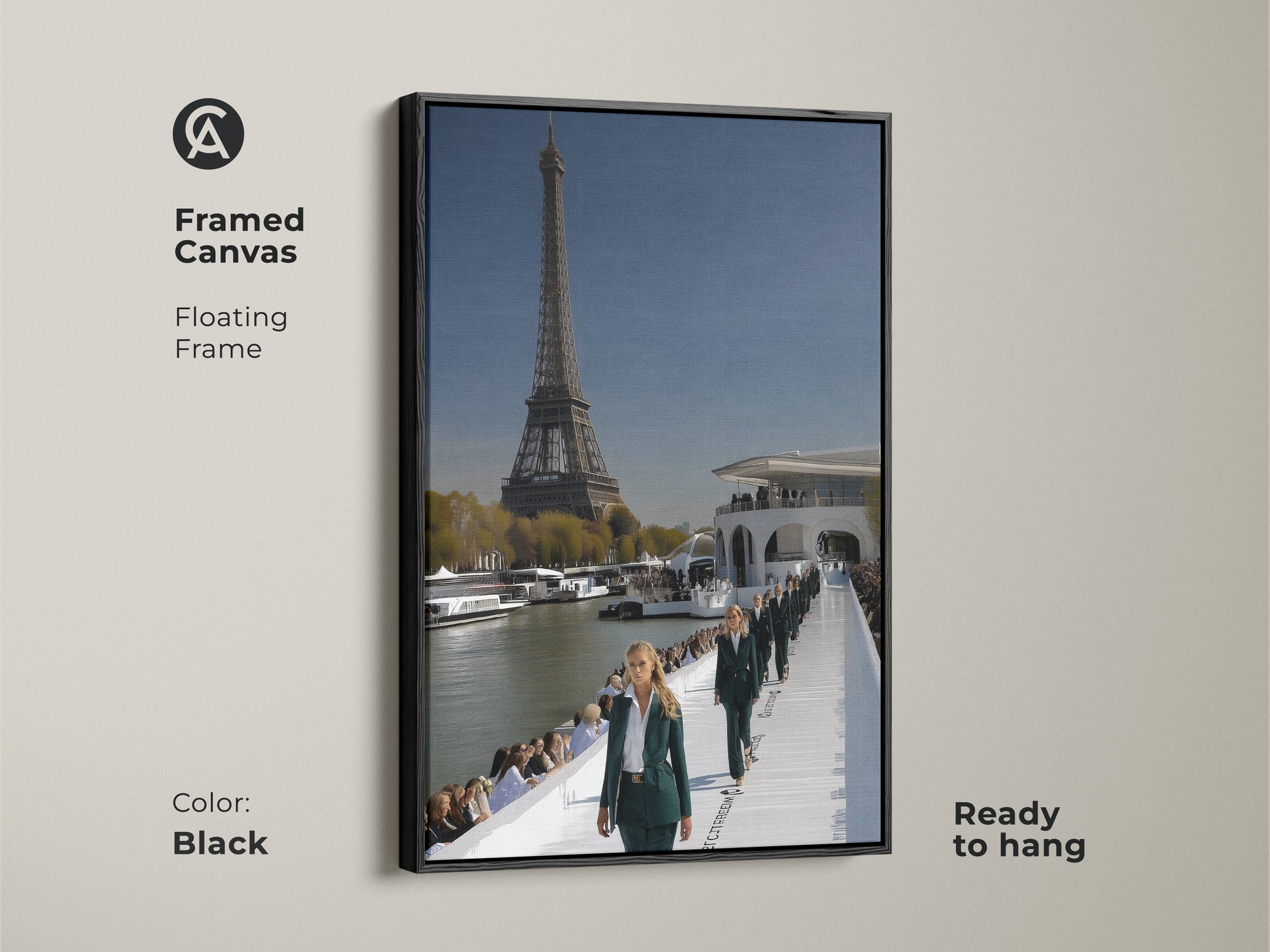 A framed canvas with a black floating frame. It shows Eiffel Tower and a Parisian fashion runway. The cityscape artwork features sky blue and deep green tones. Ready to hang as fashion photography wall art. Perfect for elegant wall hanging or sophisticated artwork.