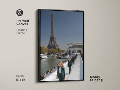 A framed canvas with a black floating frame. It shows Eiffel Tower and a Parisian fashion runway. The cityscape artwork features sky blue and deep green tones. Ready to hang as fashion photography wall art. Perfect for elegant wall hanging or sophisticated artwork.
