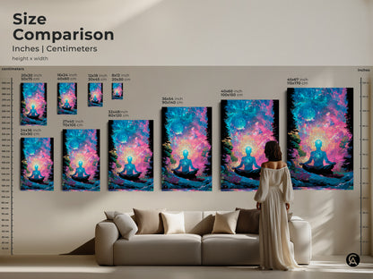 Size comparison of meditative figure artwork in inches and centimeters. Visualize various dimensions for canvas and poster prints. See how the artwork fits in a living room setting. Choose the ideal size for your spiritual wall decor. Transform your home with art.