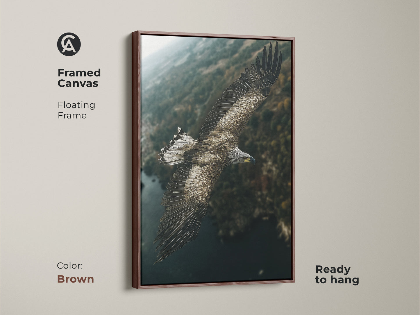 Framed canvas of an eagle soaring above a forest with a brown floating frame. This wildlife art brings the beauty of nature indoors. The rustic earthy tones and deep teal hues create a serene atmosphere. It's an ideal gift for birdwatchers and nature enthusiasts.