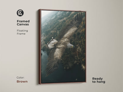 Framed canvas of an eagle soaring above a forest with a brown floating frame. This wildlife art brings the beauty of nature indoors. The rustic earthy tones and deep teal hues create a serene atmosphere. It's an ideal gift for birdwatchers and nature enthusiasts.
