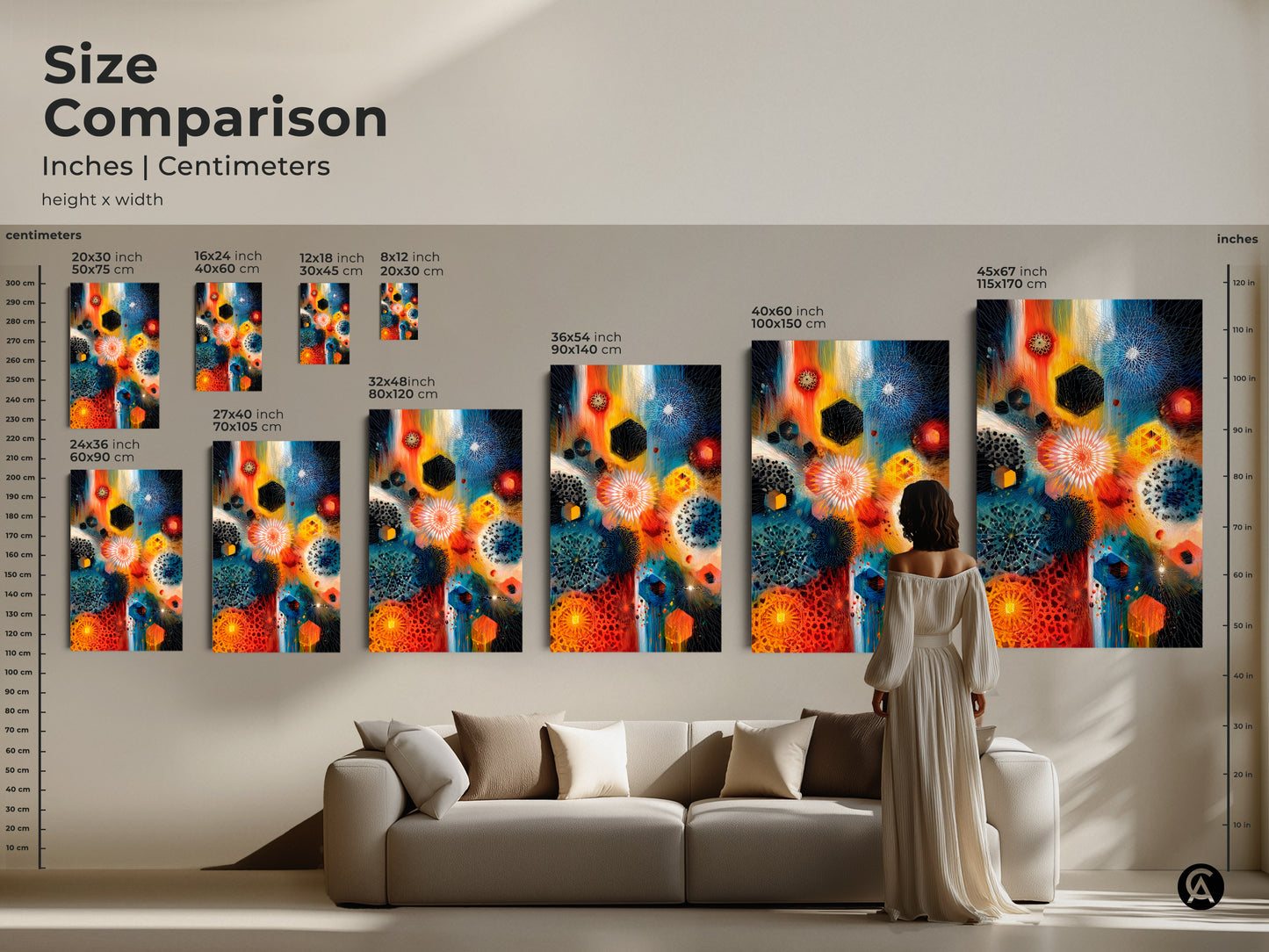 Size comparison for geometric abstract art prints in inches and centimeters. See how canvas and poster art fits in various spaces. Featuring orange blue and teal mandala patterns. Transform your home or office with this contemporary eclectic art