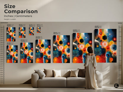Size comparison for geometric abstract art prints in inches and centimeters. See how canvas and poster art fits in various spaces. Featuring orange blue and teal mandala patterns. Transform your home or office with this contemporary eclectic art
