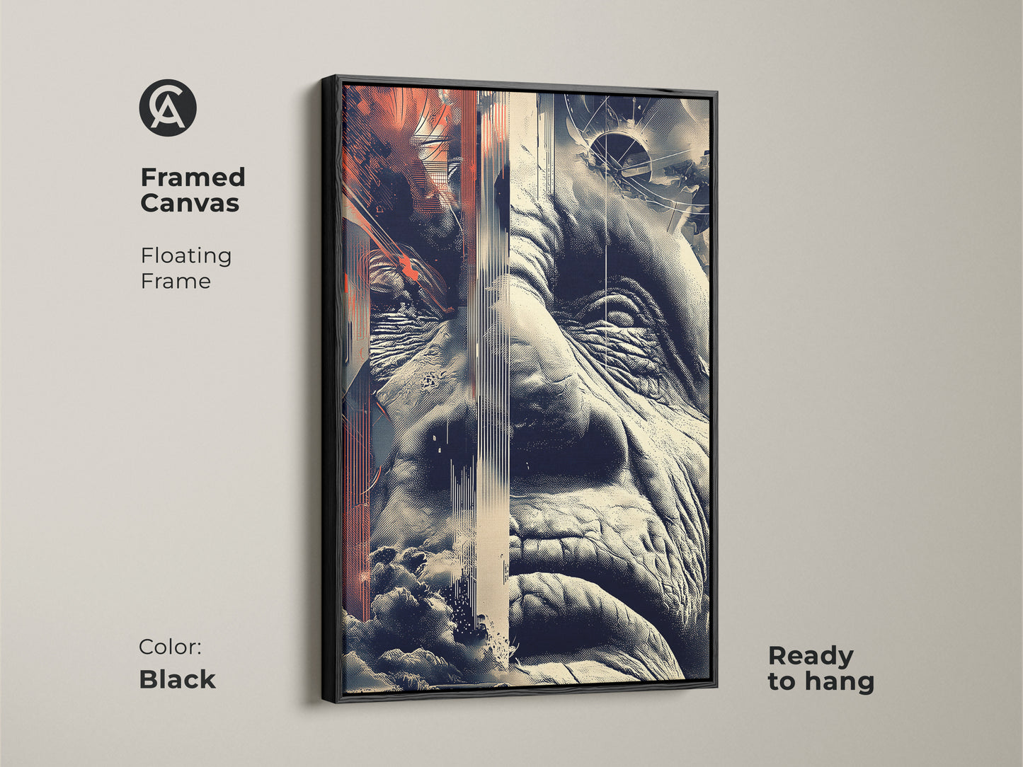 Framed canvas featuring glitch artwork of an old man's face. Geometric art in terracotta beige and navy offers an abstract portrait. The black floating frame makes it ready to hang. Enhances eclectic study office decor.