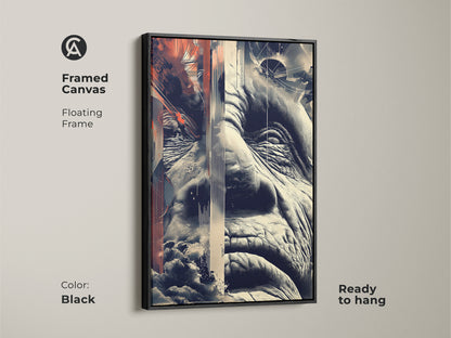 Framed canvas featuring glitch artwork of an old man's face. Geometric art in terracotta beige and navy offers an abstract portrait. The black floating frame makes it ready to hang. Enhances eclectic study office decor.