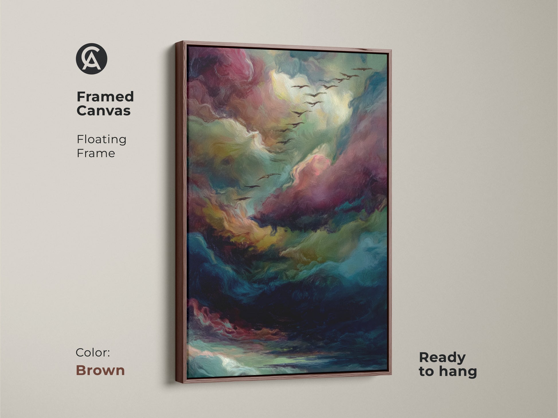 Abstract cloud artwork in a framed canvas. The frame is a beautiful brown color giving it a warm touch. The artwork is ready to hang and admire. The artwork features stunning colors and birds.