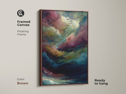 Abstract cloud artwork in a framed canvas. The frame is a beautiful brown color giving it a warm touch. The artwork is ready to hang and admire. The artwork features stunning colors and birds.