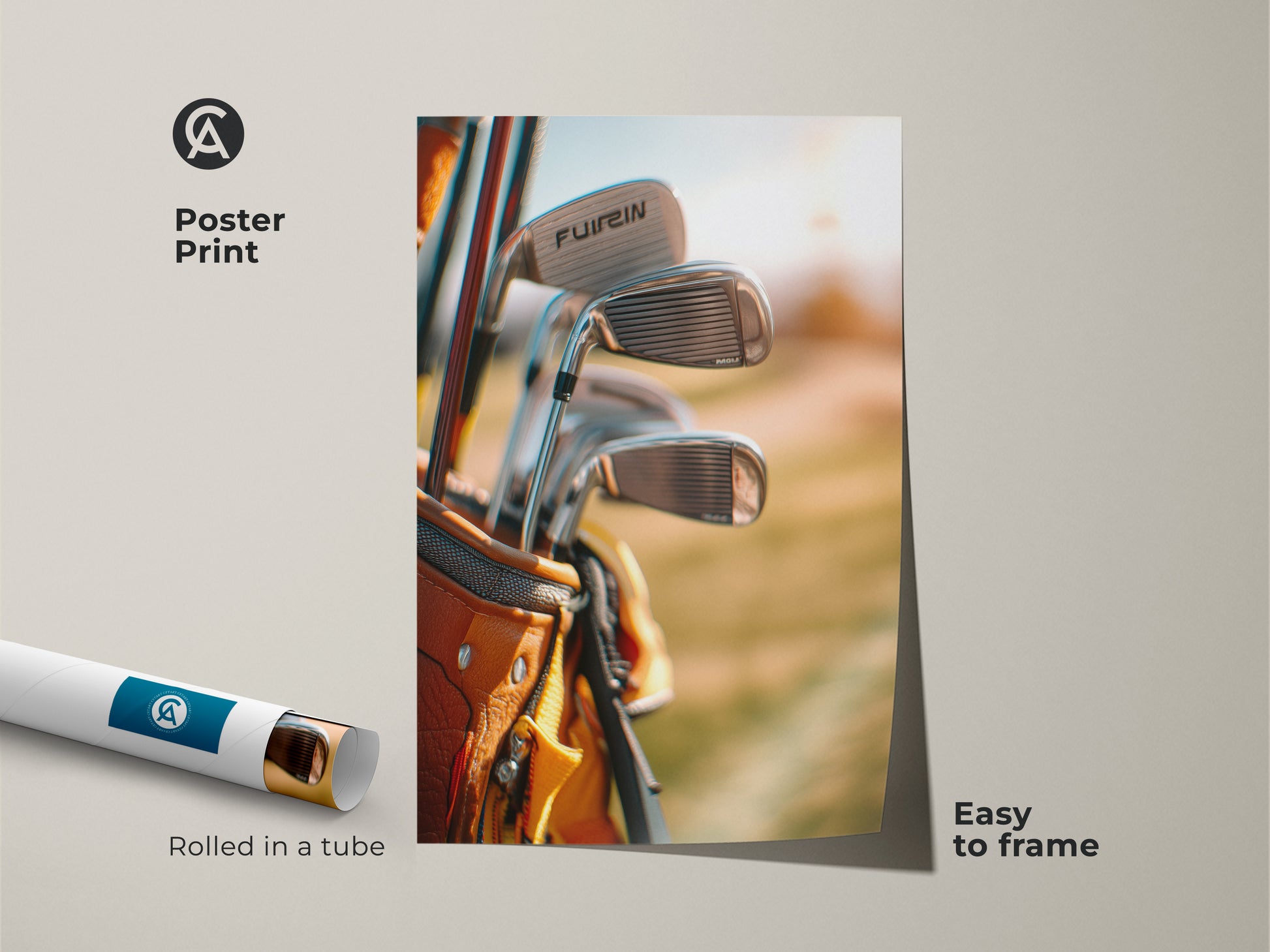 Poster print of golf clubs in a golf bag rolled in a tube. Easy to frame golf artwork. This museum-quality paper print is perfect for any space. A great gift for golf enthusiasts. Buy now