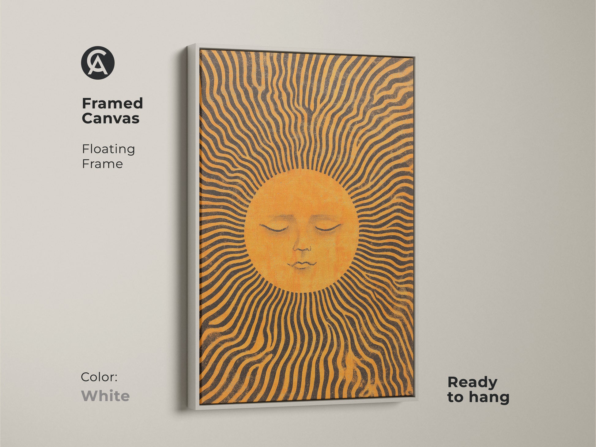 Framed in white this canvas features an orange sun face art print. The boho celestial wall art has mid-century sun rays creating a modern look. Ready to hang it enhances any room with warmth and artistic beauty. A unique housewarming gift.