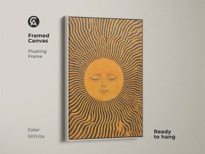 Framed in white this canvas features an orange sun face art print. The boho celestial wall art has mid-century sun rays creating a modern look. Ready to hang it enhances any room with warmth and artistic beauty. A unique housewarming gift.