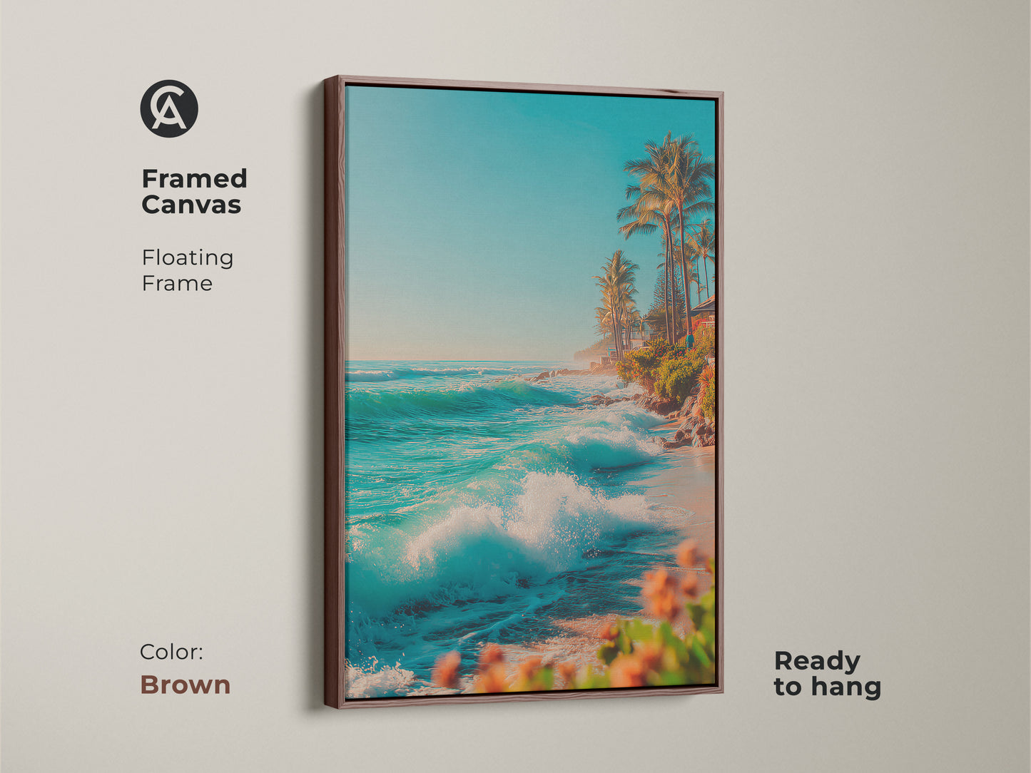 Framed canvas art in a brown floating frame showcasing a vibrant beach scene. Turquoise waves crash near palm trees. This ready-to-hang artwork brings a touch of paradise to your home decor. Perfect for coastal themes.